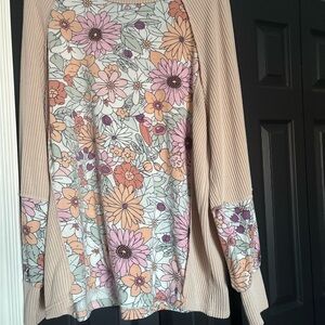 Floral Print Women's Top with Beige Sleeves